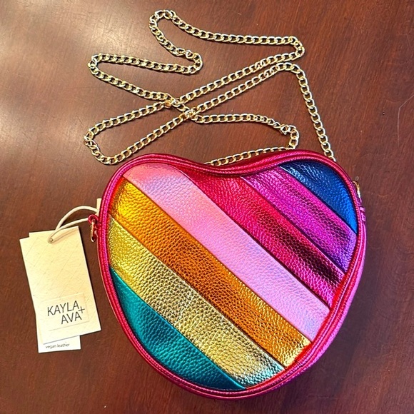 Brand New Kayla + Ava Metallic Colorful Striped Red Heart Purse Chain Crossbody - Picture 3 of 15